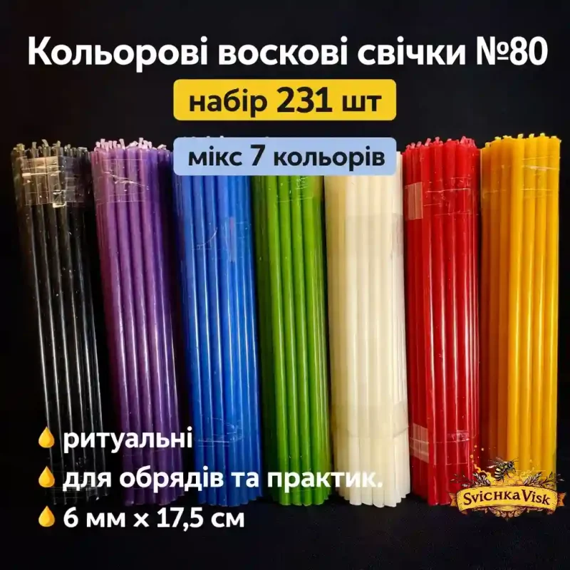 Набір кольорових воскових свічок №80 (231 шт) — Еластичні свічки для скруток, мікс 7 кольорів