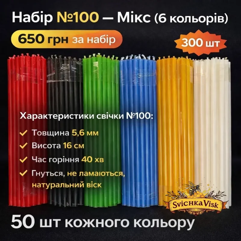 Набір воскових свічок №100 (300 шт) — кольоровий мікс еластичних свічок